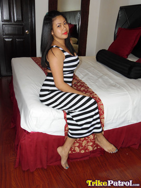 Chubby Rizza in striped dress and fucked from behind